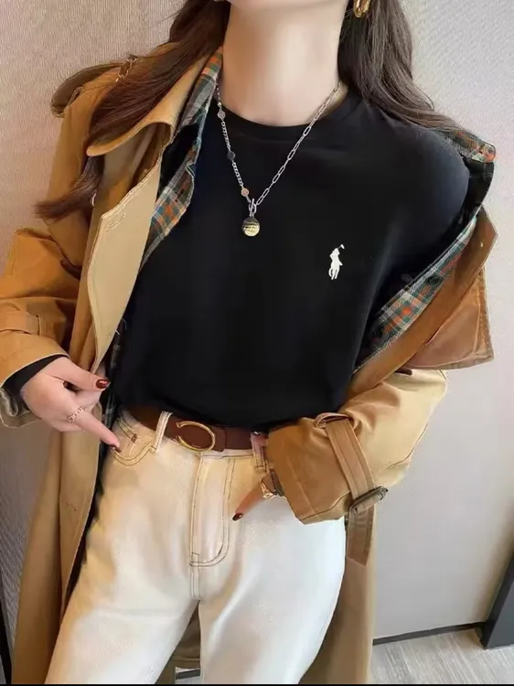 2024秋款新款时尚百搭刺绣休闲圆领简约修身显瘦正肩长袖T恤ins潮