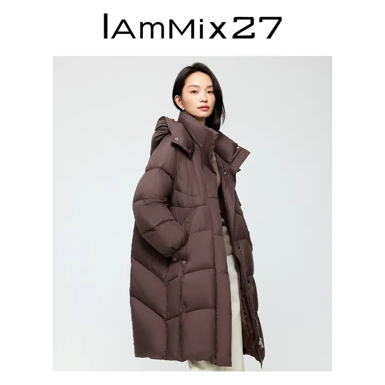 Iammix27休闲连帽羽绒服女冬季轻暖中长款90白鸭绒外套女Z4D0010