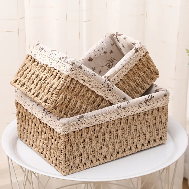 桌面收纳盒零食杂物卧室化妆品玄关收纳筐家用无把手大编织储物筐