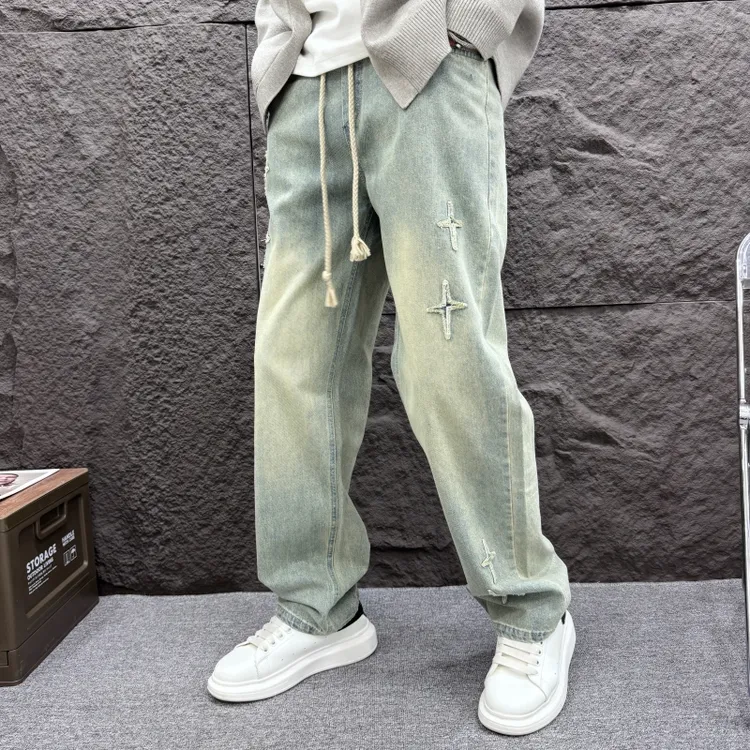 2025春秋新款直筒牛仔裤男士百搭宽松复古做旧拖地裤潮流阔腿裤子