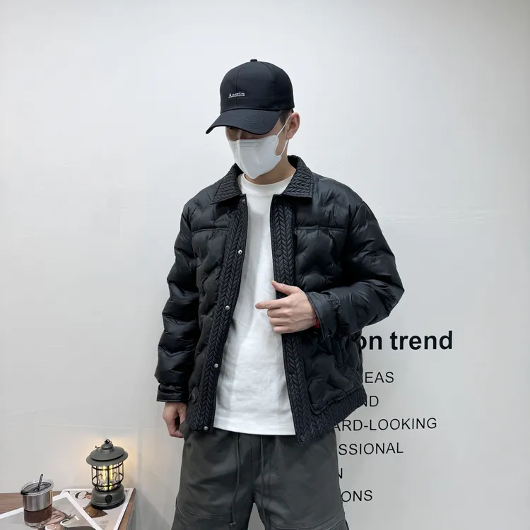 冬季麦穗拼接翻领棉服轻薄修身夹克外套男短裤痞帅上衣黑武士棉衣