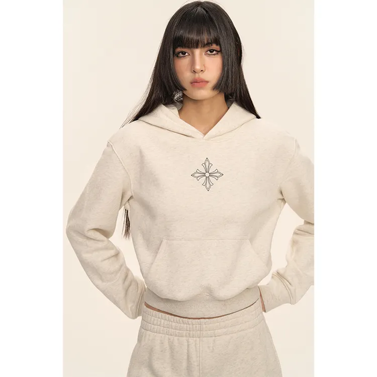 CLIMAX VISION十字花刺绣短款辣妹连帽卫衣女款显瘦露腰短帽衫