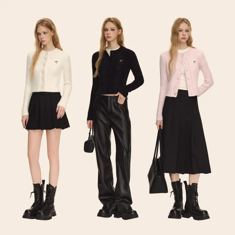 CLIMAX VISION仿貂毛绞花蝴蝶结软糯针织开衫女短款修身毛衣外套