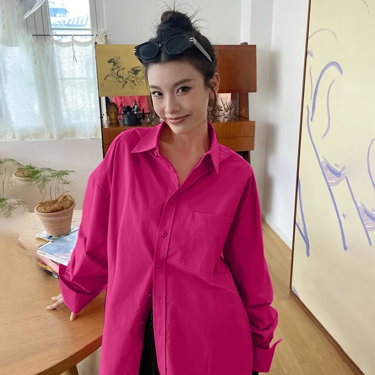 敲显白！玫红色衬衫女春秋别致漂亮火龙果色衬衣港风气质休闲上衣