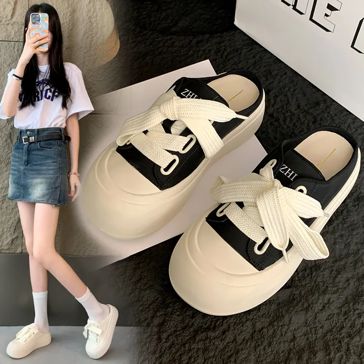 紫幻玲珑加宽大码2024秋季新款外穿休闲一脚蹬厚底大头丑萌面包鞋