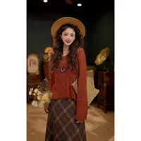 扣子家秋景野菊港风复古镂空长袖针织衫纯色秋季上衣KC166057