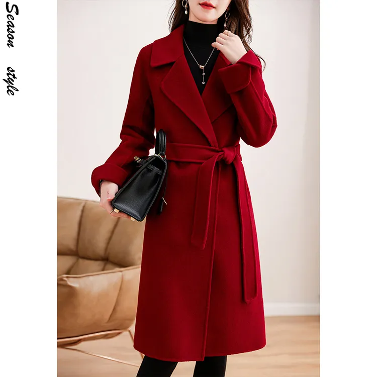 红色经典气质秋冬韩版中长款绵羊毛呢子秋冬双面呢大衣19009