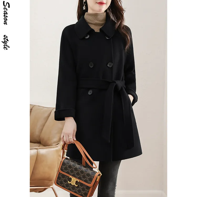 黑色绵羊毛双面呢大衣中长款韩版气质小个子秋冬女毛呢外套8720