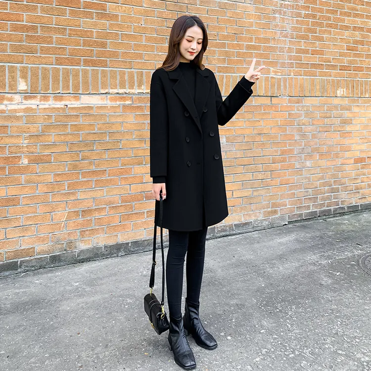 黑色经典气质秋冬韩版中长款双面呢绵羊毛呢子显瘦秋冬大衣7023