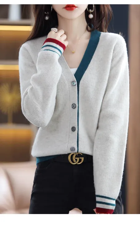 2024秋冬外贸剪标V领拼色女装高端韩版开衫羊毛衫外套长袖针织衫