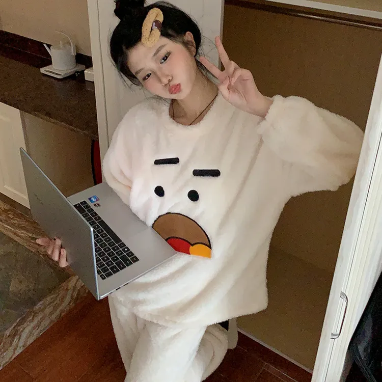 ins风秋冬款加厚珊瑚绒学生睡衣套装法兰绒加绒保暖家居服女外穿