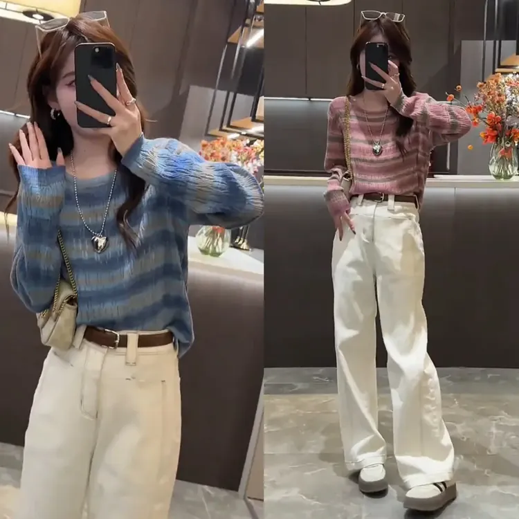 入秋搭配一整套2025新款条纹针织衫牛仔阔腿裤两件套时尚减龄套装