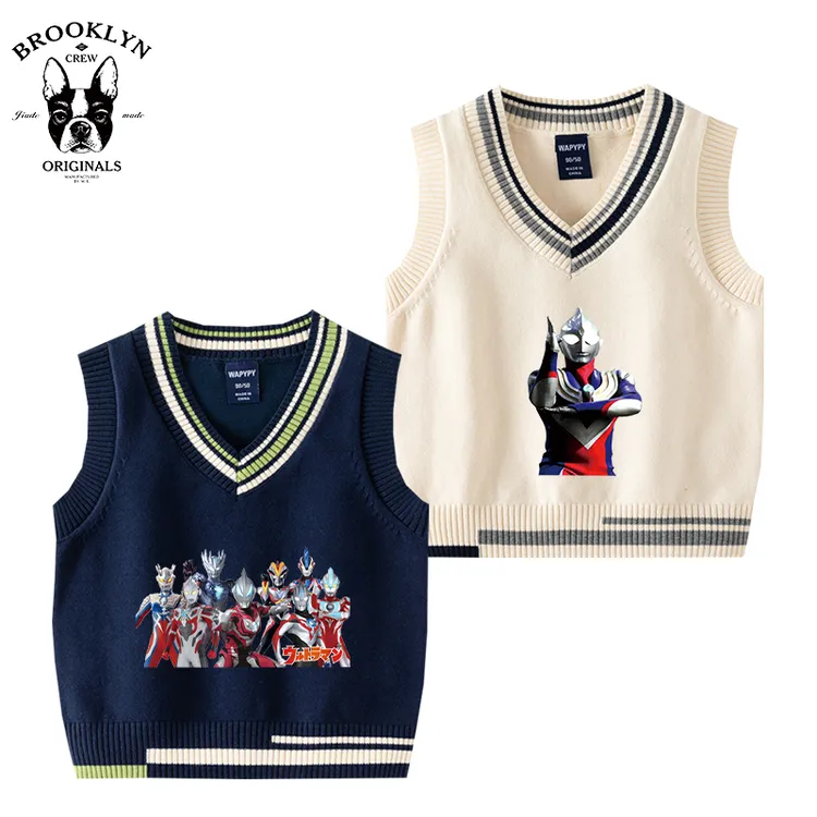 迪迦奥特曼男童V领针织衫背心毛衣马甲上衣儿童套头女宝赛罗童装