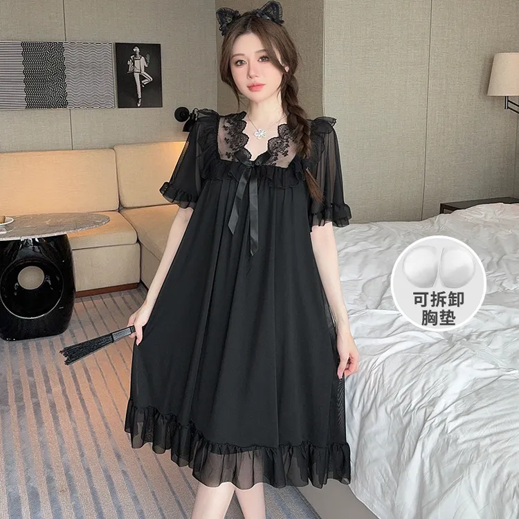 【带胸垫】夏季睡裙女甜美薄款公主风性感家居服纯欲蕾丝网纱睡衣夏