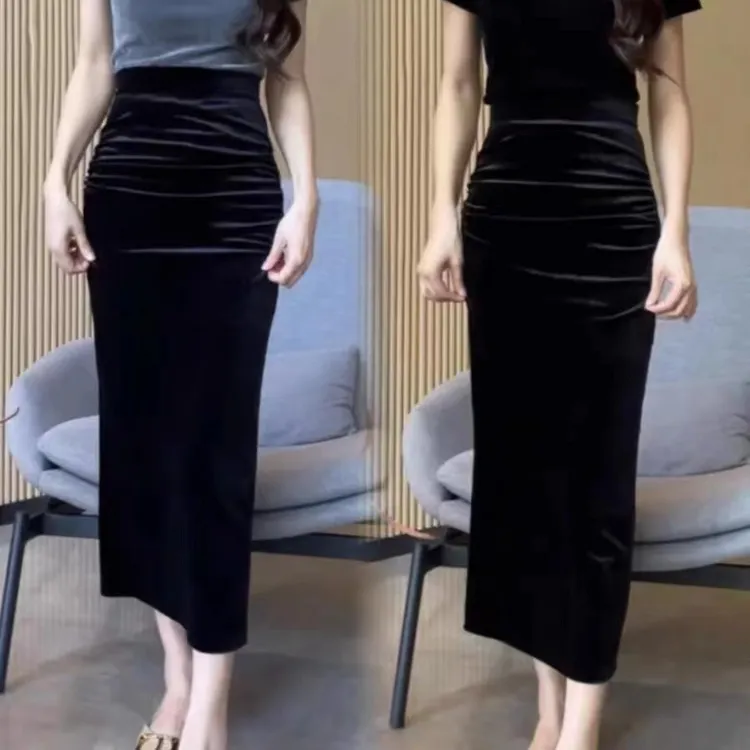 金丝绒春秋新款女装褶皱开叉一步裙修身显瘦百搭中长款裙