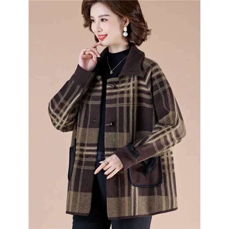 妈妈装秋装2024新款爆款秋冬毛呢短款气质外套50-60岁女洋气上衣