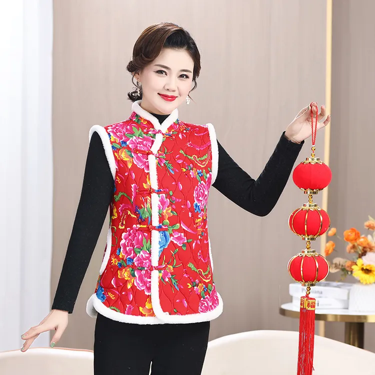 秋冬东北大花马甲中国风棉袄民族风盘扣女装加绒加厚保暖过年坎肩