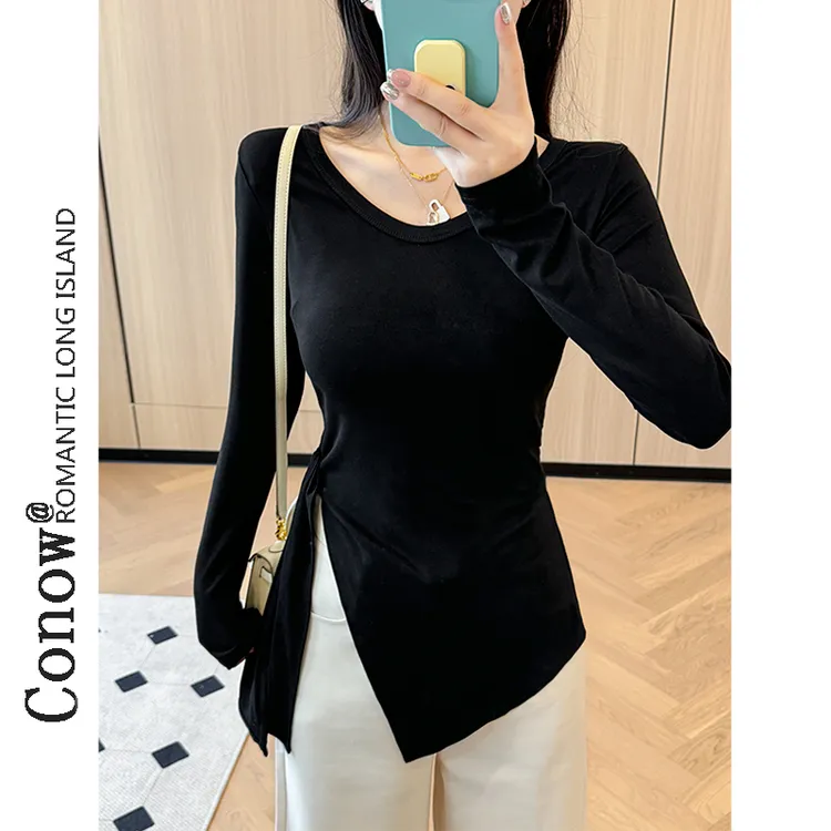 辣妹不规则绑带收腰打底衫春秋修身大圆领长袖开叉上衣T恤女