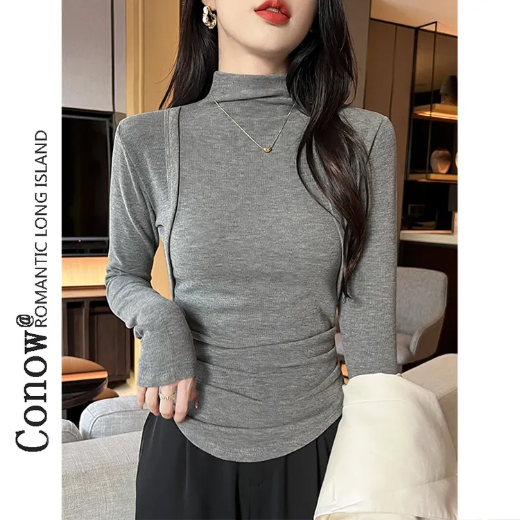半高领秋冬新款螺纹磨毛打底衫加绒T恤女拼接褶皱修身内搭