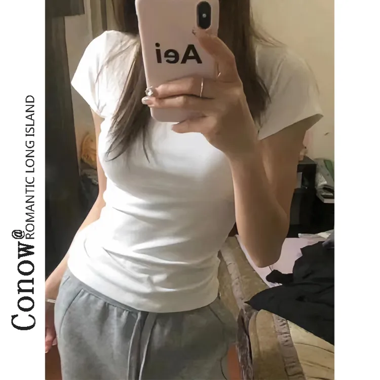 白色t恤女短袖夏辣妹正肩修身显瘦洋气百搭圆领千金体恤上衣