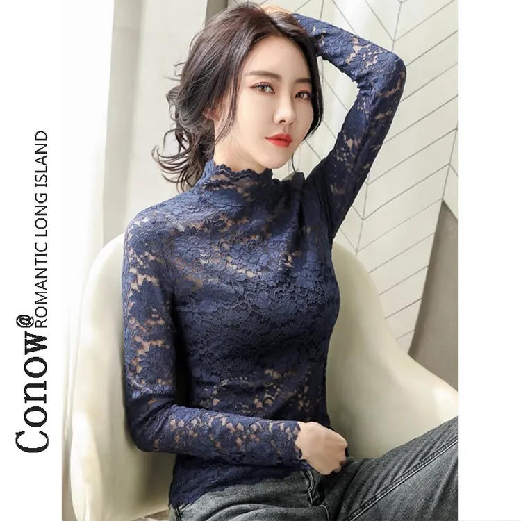秋冬季新款法式镂空别致上衣漂亮小衫半高领洋气蕾丝内搭打底衫女