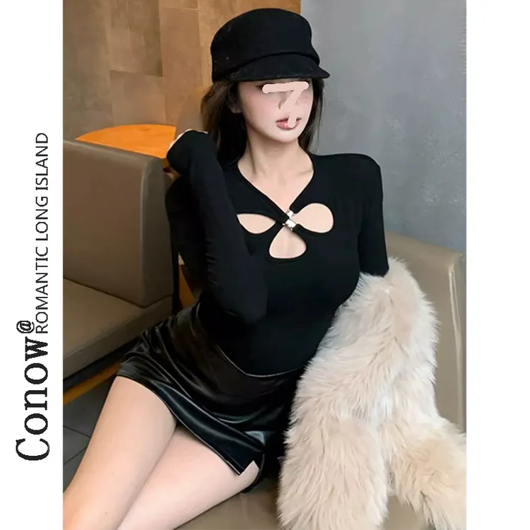 多种穿法-春秋新款性感镂空长袖t恤女辣妹纯欲上衣别致内搭打底衫