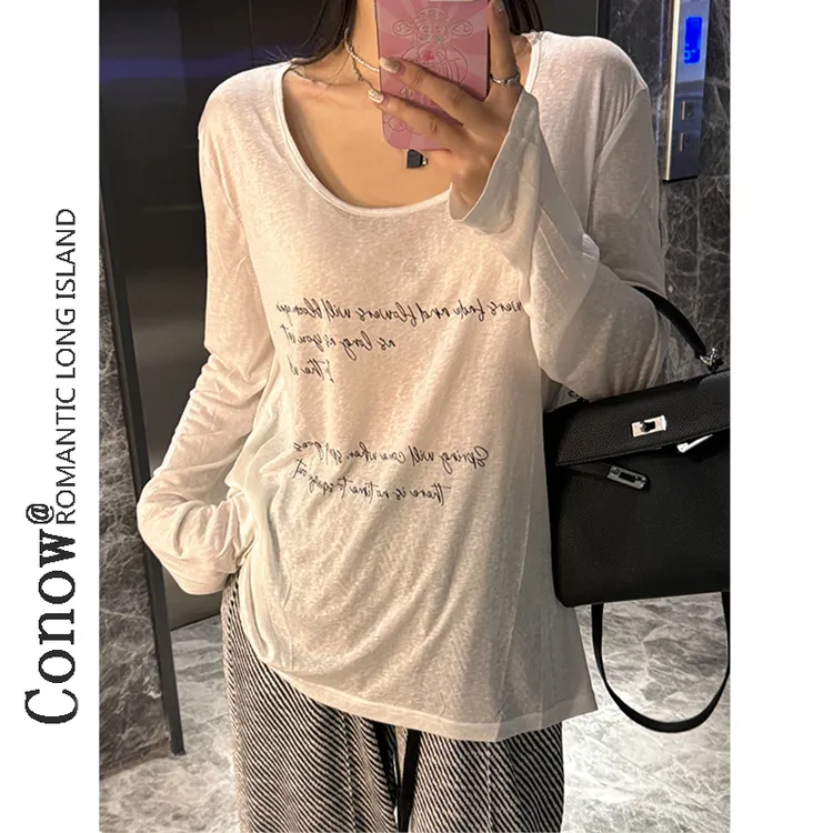 慵懒风夏季薄款休闲印花罩衫宽松大领口T恤女透透长袖ins上衣