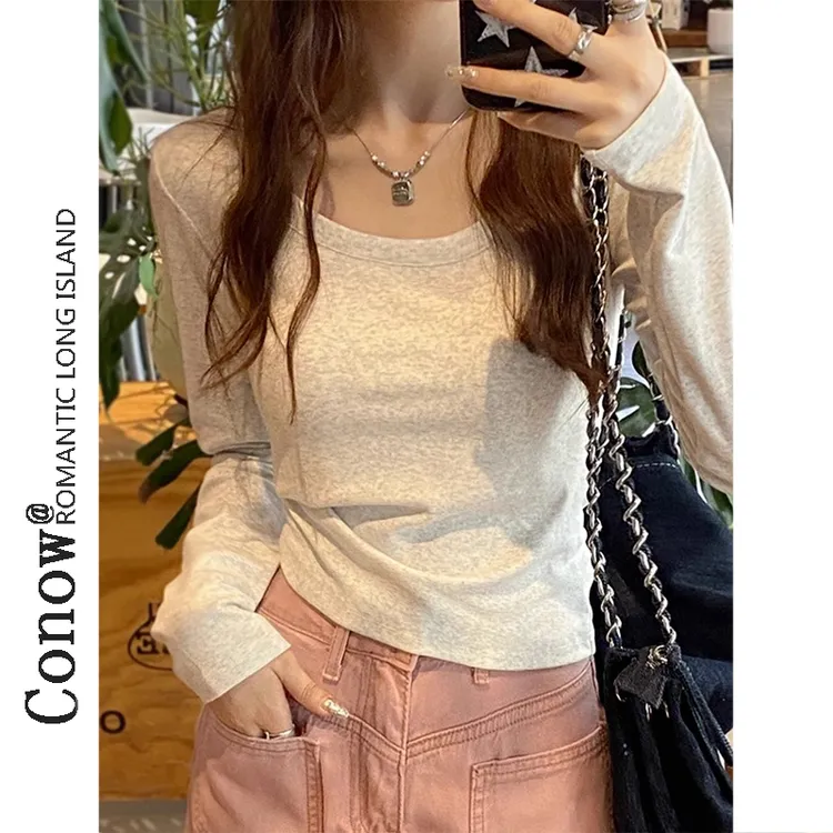 露锁骨大领口修身长袖t恤百搭款显瘦辣妹打底衫女秋冬内搭上衣