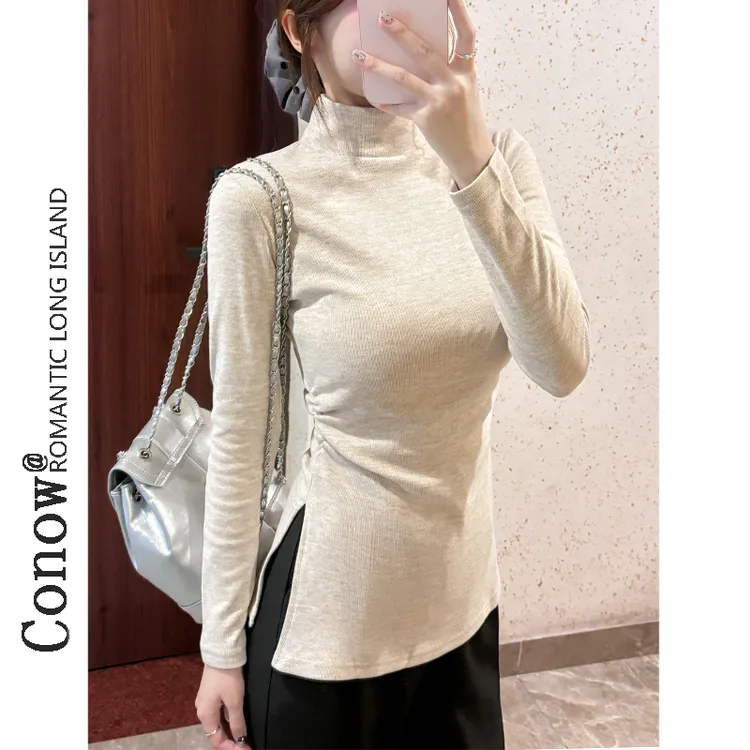 半高领抽褶收腰t恤女洋气开叉上衣秋冬款修身加绒内搭打底衫