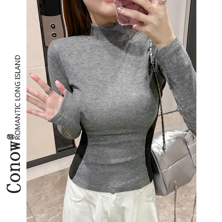 半高领秋冬新款沙漏腰显瘦上衣女修身长袖T恤加绒内搭打底衫