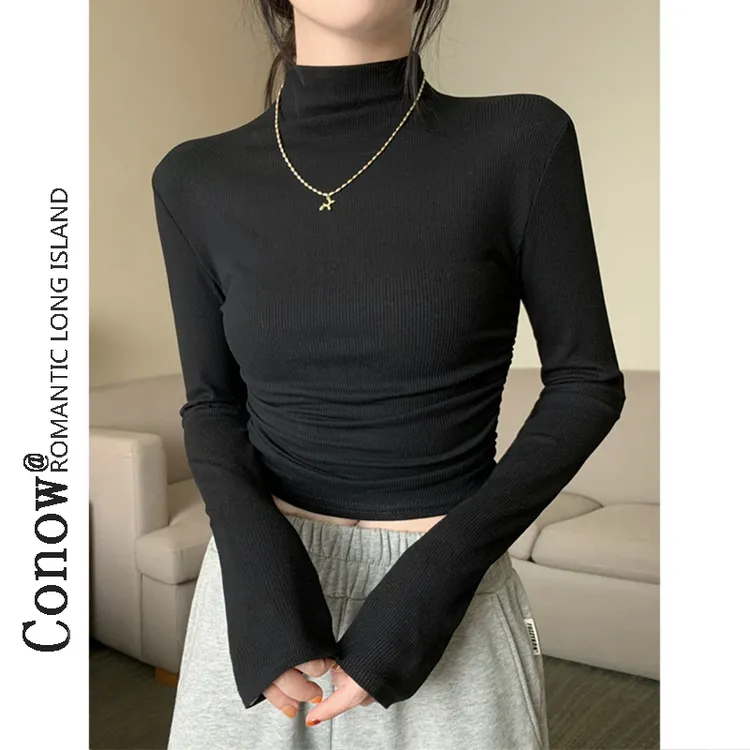 2025春秋新款抽褶修身打底衫设计感高领内搭上衣纯欲风黑色T恤女