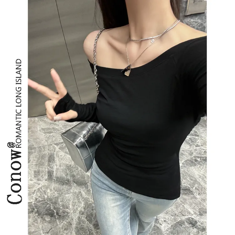 长袖T恤女秋冬打底衫套手指一字斜肩气质修身上衣露肩