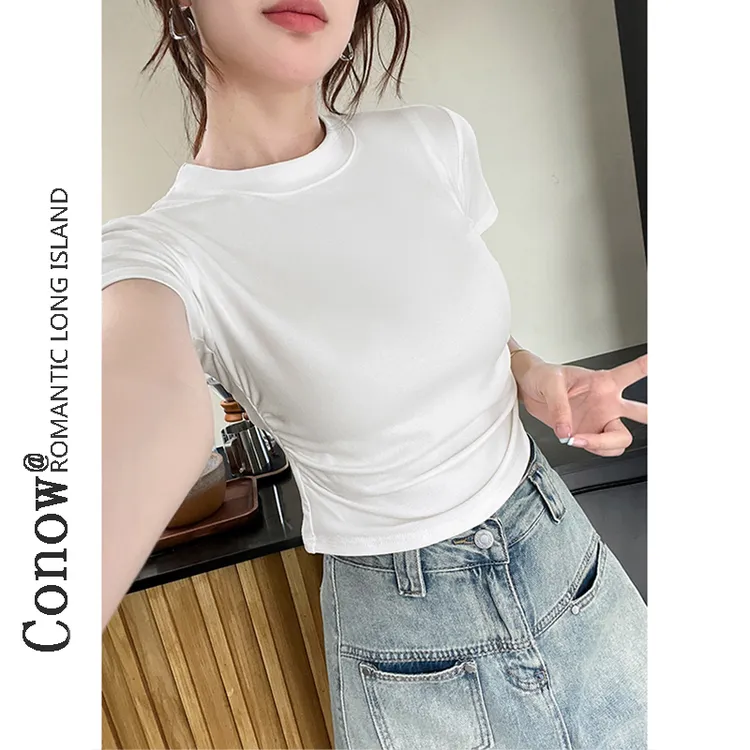 白色t恤女夏新款短款褶皱露脐体恤港味chic辣妹短袖正肩上衣