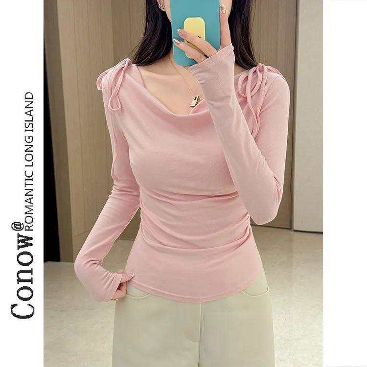优雅蝴蝶结百搭长袖T恤女辣妹气质修身纯欲荡领一字肩打底衫