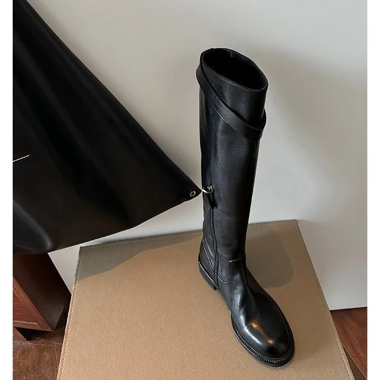 2025冬新款时尚小金扣厚底骑士靴女女鞋瘦瘦长靴英伦风加绒长筒靴