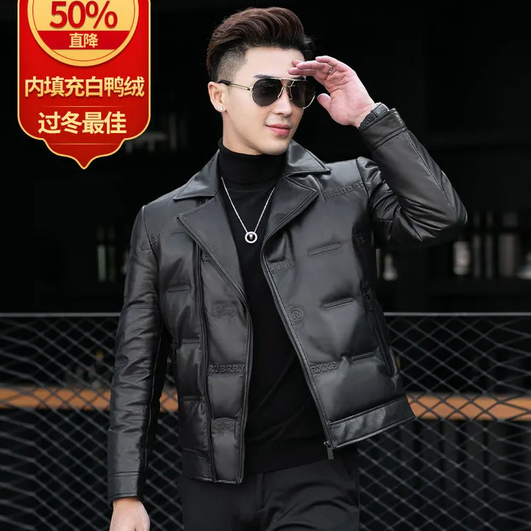 海宁真皮羽绒服男短款软皮皮衣2025新款冬季羽绒外套绵羊皮夹克潮