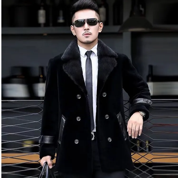真皮皮衣男中长款皮毛一体皮草羊剪绒西装领水貂皮大衣羊毛外套厚