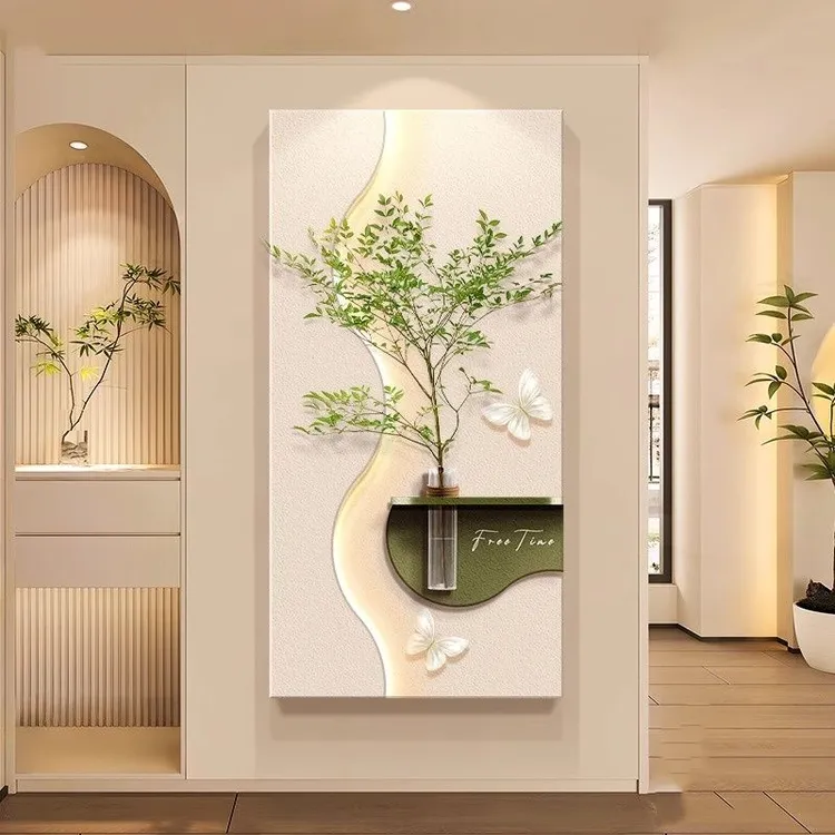 奶油风玄关装饰画2025新款高端水培绿植挂画入户走廊尽头肌理壁画