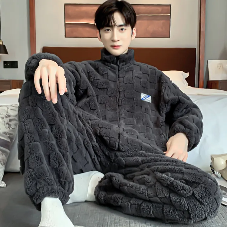 睡衣男秋冬款法兰绒加厚加绒保暖珊瑚绒立领冬天开衫家居服套装