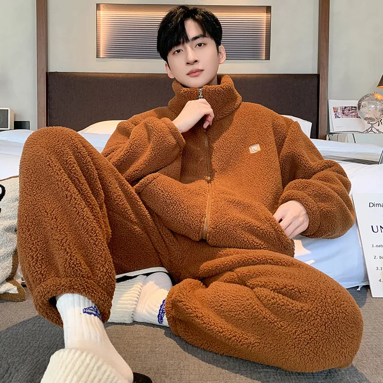 睡衣男秋冬款法兰绒加厚加绒保暖珊瑚绒立领冬天开衫家居服套装