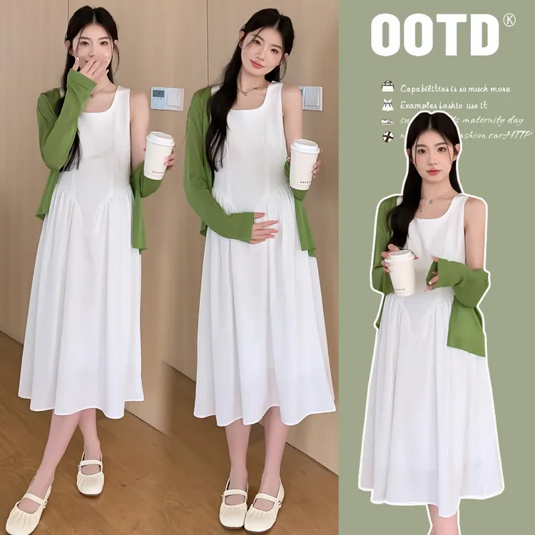 孕妇装夏装2024潮款法式简约方领气质背心连衣裙韩系防晒衫两件套