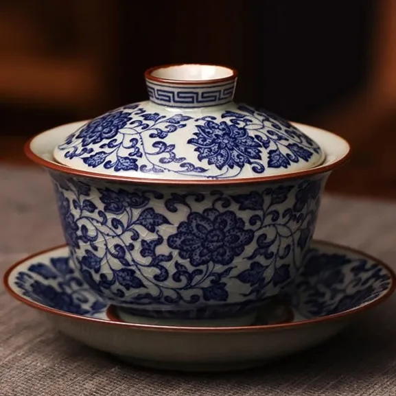 景德镇三才泡茶盖碗茶具悬停高端防烫手缠枝莲茶杯釉下彩个人专用