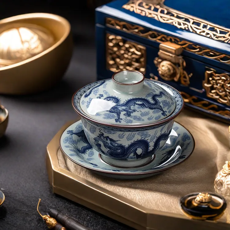 正宗景德镇三才悬停盖碗茶具高级茶器龙纹个人泡茶碗防烫手釉下彩商品图