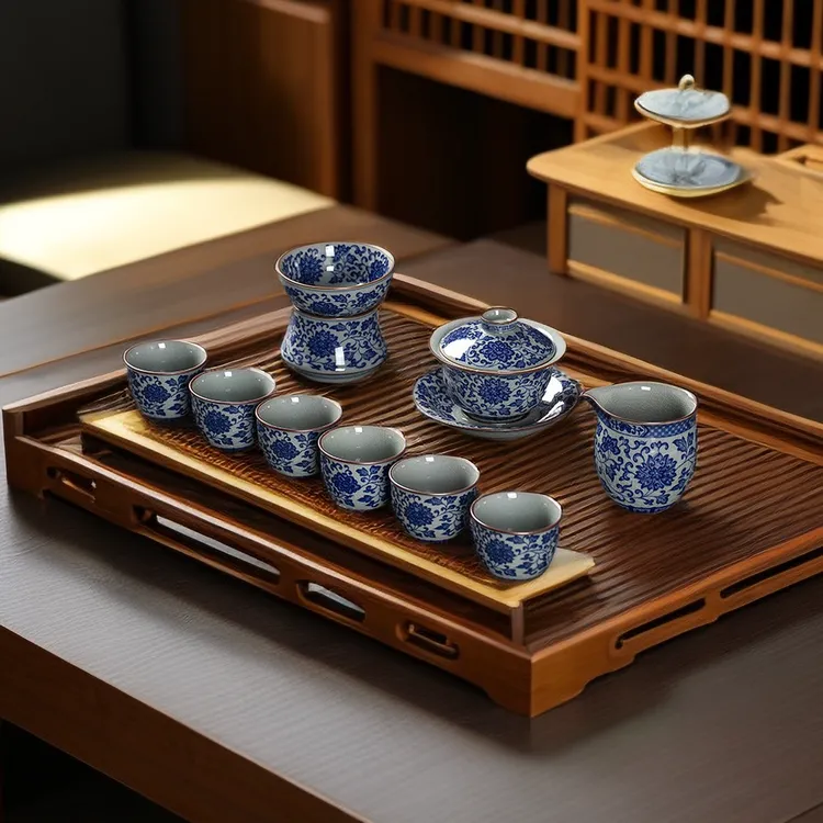 盖碗茶具套装高端全套景德镇青花瓷缠之莲手工茶碗泡茶器防烫手