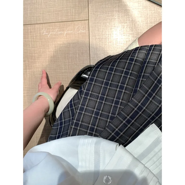 湖底北幽新品百褶裙女jk校供感蓝格制服格裙短裙日常半身裙格子裙