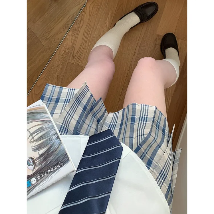 原创校供白灰蓝新品日系JK制服裙格裙高腰百褶裙半身裙百搭北极冰