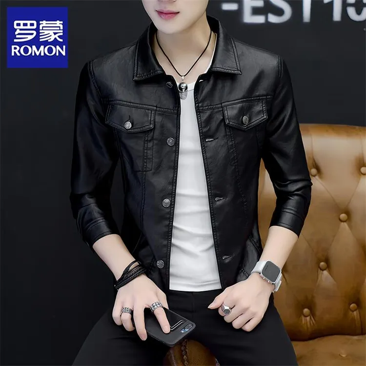 Romon/罗蒙皮衣夹克秋冬新款韩版修身痞帅潮流机车服男士翻领外套