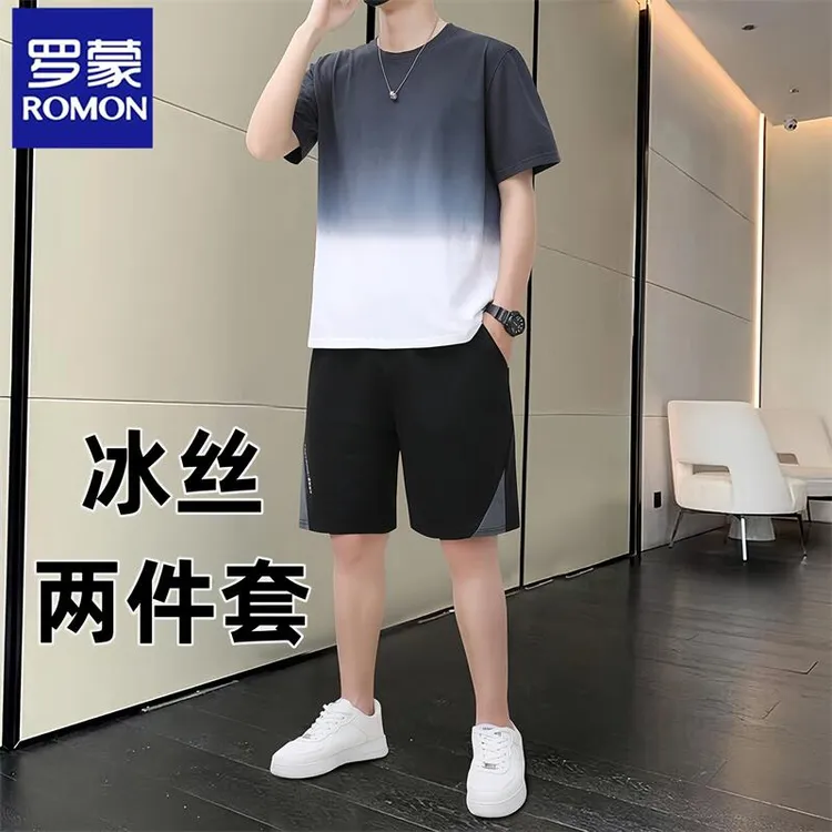 Romon/罗蒙冰丝短袖t恤男两件套夏季大码运动短裤帅气休闲套装男