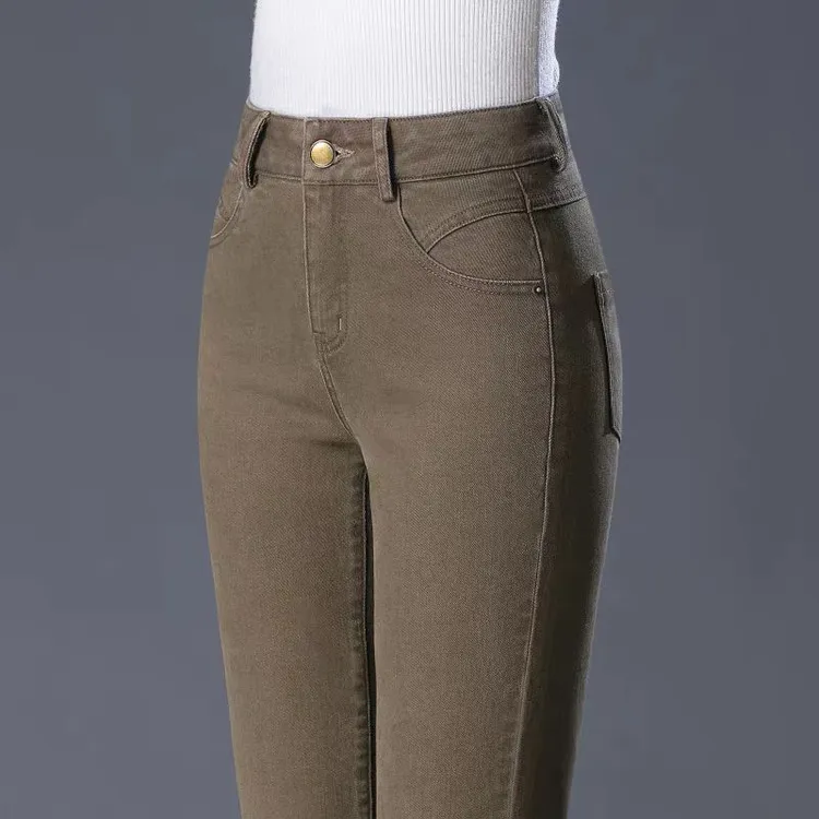 高腰牛仔裤女弹力秋冬妈妈裤子休闲百搭直筒中年款烟管长裤卡其色