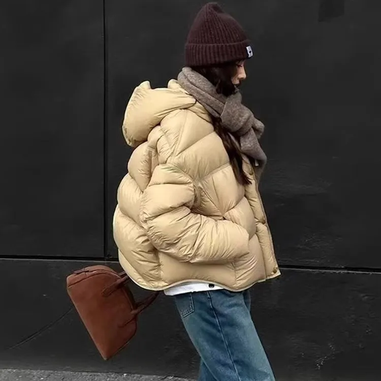 卡其色泡芙龟背短款羽绒服女2024冬新款加厚白鸭绒连帽面包服外套